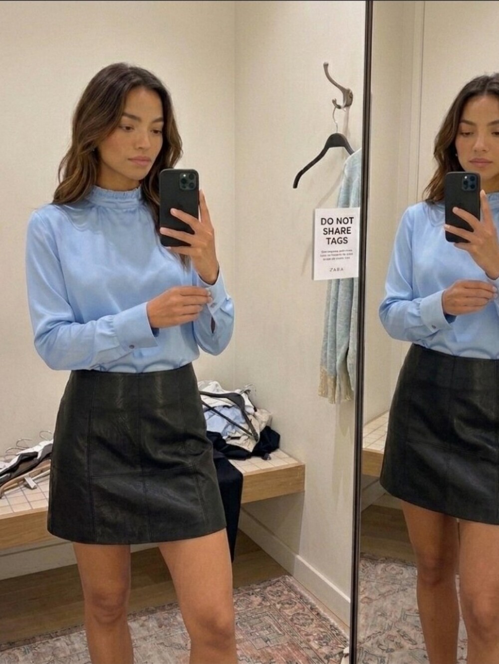 ZARA Light Blue Satin Ruffle Mock Neck Blouse S